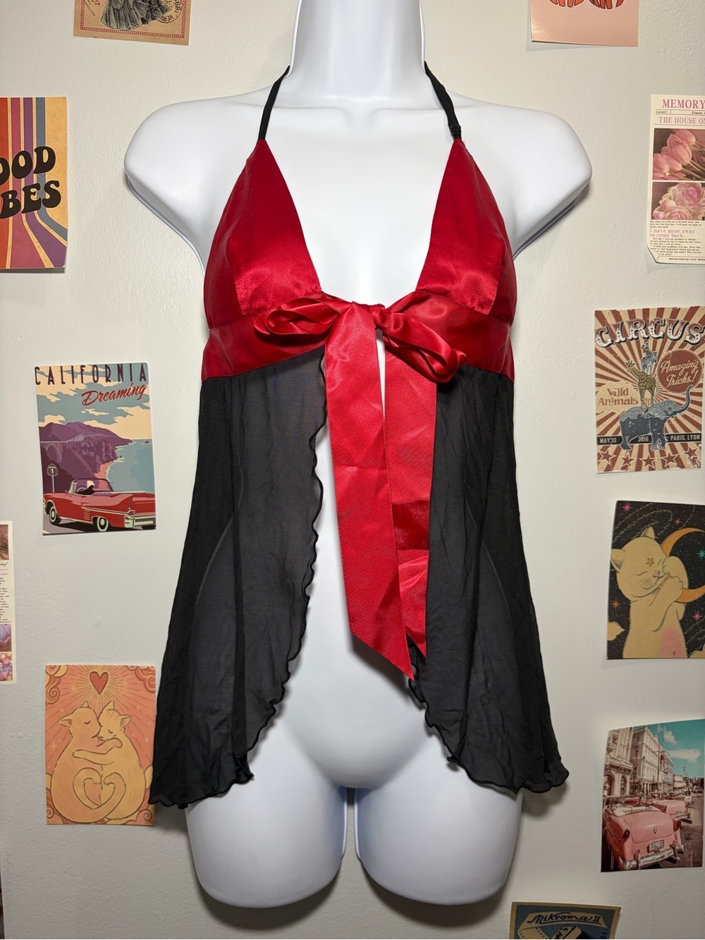 Victoria's Secret Red Satin & Black Chiffon Tie-Front Babydoll Chemise